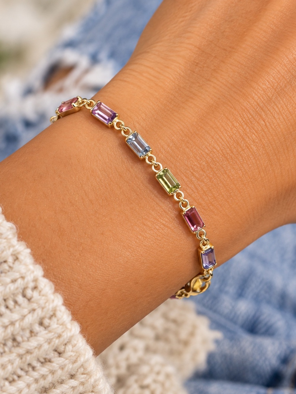 18K Gold Layered Multicolor Baguette Bracelet 7” Brazilian GF